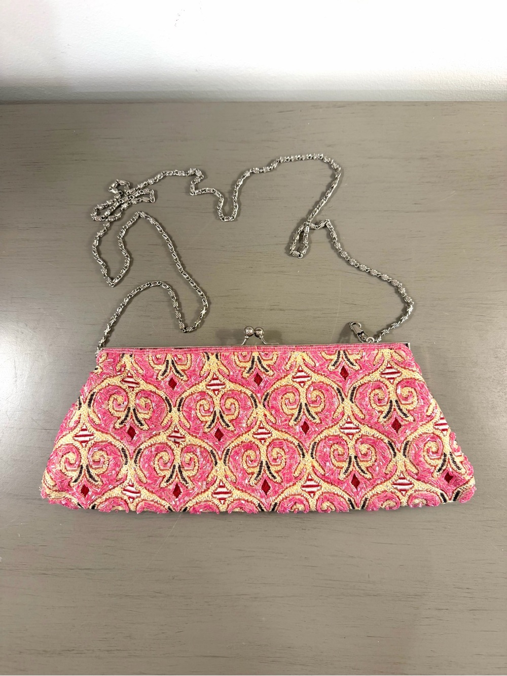 Pink Gold Beaded Satin Kiss-Lock Evening Clutch Bag with Chain Strap Vintage